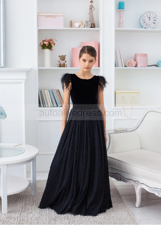 Black Feather Sleeves Velvet Pearls Tulle Flower Girl Dress